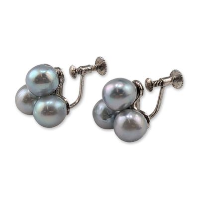 Pair of Silver Gray Pearl Screw-Back Earrings