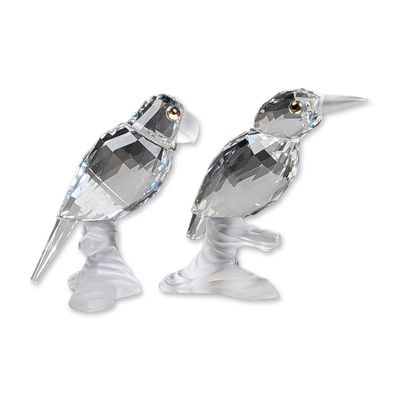 2pc Swarovski Silver Crystal Bird Figurines, Kingfisher and Parrot