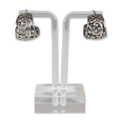 Pair of Sterling Silver Filigree J-Hoop Earrings