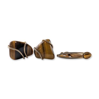 3pc Swank Mid-Century Tiger's Eye Cufflinks and Tie Clip Set
