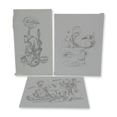 3pc Alfonso Rendon aka Masplata (Panamanian, 1957 - 2025), Pen Sketch on Board, Wiseman & Figuras