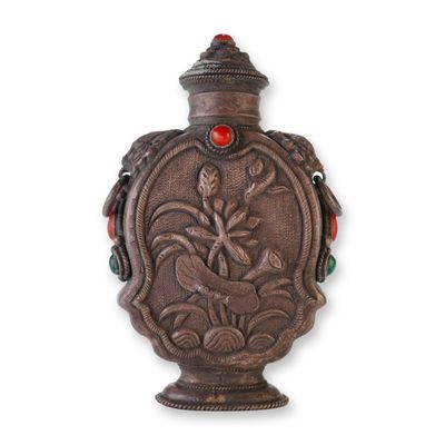 Mongolian Silver Repousse Snuff Bottle, Lotus and Bird