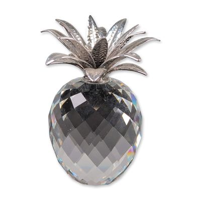 Swarovski Silver Crystal Figurine, Large Rhodium Hammered Leaves Pineapple