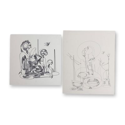 2pc Alfonso Rendon aka Masplata (Panamanian, 1957 - 2025), Pen and Marker on Board, Figuras and