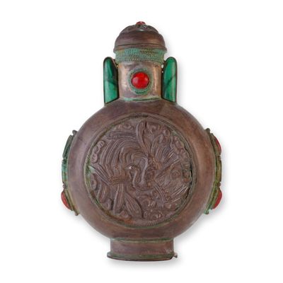 Mongolian Silver Repousse Snuff Bottle, Phoenix