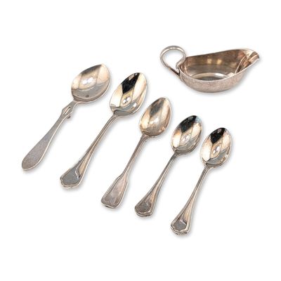 Sale Photo Thumbnail #506: 6pc Silver-Plated Spoons and Creamer