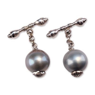Sale Photo Thumbnail #576: Rare Mish New York 18K White Gold and Tahitian Grey Pearl Marine Motif Toggle Cufflinks