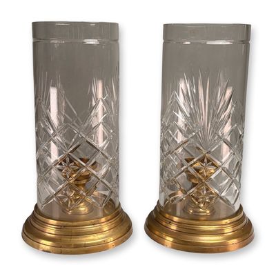 Sale Photo Thumbnail #558: Pair of Ajka Hungarian Lead Crystal and Brass Hurricane Lamps