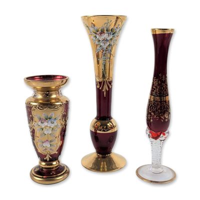 Sale Photo Thumbnail #24: Three Bohemian Cranberry Glass and Gold Vases