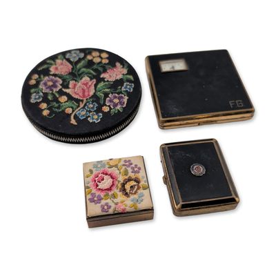 Sale Photo Thumbnail #385: 4pc Vintage Enamel and Embroidered Compacts and Jewelry Box