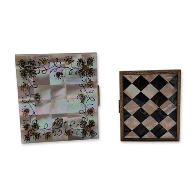 Sale Photo Thumbnail #199: 2pc Mid-Century Mother-of-Pearl and Brass-Toned Vanity Compacts