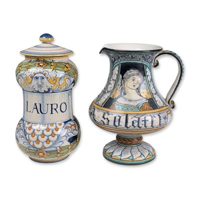 Sale Photo Thumbnail #98: 2pc Italian Majolica Hand Painted Pitcher and Lidded Albarello
