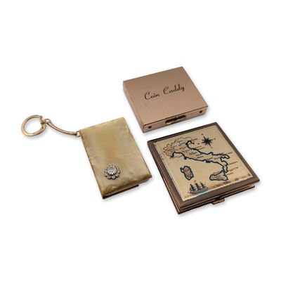 Sale Photo Thumbnail #569: 3pc Mid-Century Gold-Tone Coin Dispenser, Powder Compact & Address Book Keychain