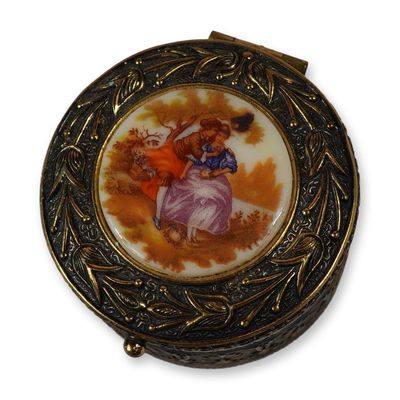 Sale Photo Thumbnail #566: West German Gold Toned Jewelry Treasure Box with Hand Painted Scene Plaque Signed Fragonard