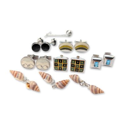 Sale Photo Thumbnail #390: 14pc Silver-Tone Enamel, Seashell, and Blue Stone Cufflinks and Tie Pin