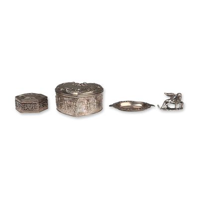 Sale Photo Thumbnail #381: 4pc Schallmayer 800 Silver Jewelry Boxes, Mini Platter, and Winged Lion Figurine