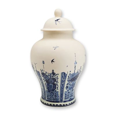 Sale Photo Thumbnail #189: Boch Belgium Delfts Lidded Ginger Jar with Contemporary Skyline Design