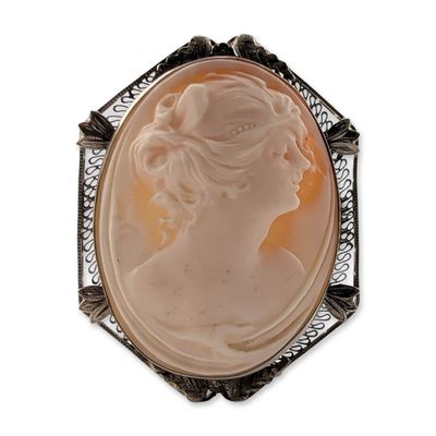 Sale Photo Thumbnail #389: Art Deco Style 10K White Gold Shell Cameo Brooch
