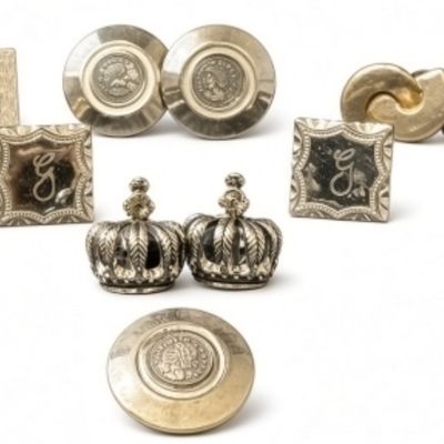 Sale Photo Thumbnail #163: Silver-Tone Cuff Links Lot, 9 Pair + Clip