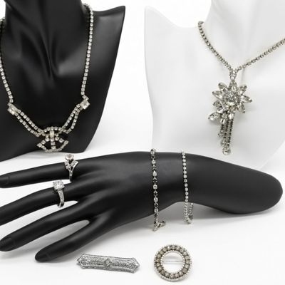 Sale Photo Thumbnail #57: 7 Vintage Silver-Tone & Crystal Jewelry Estate Lot