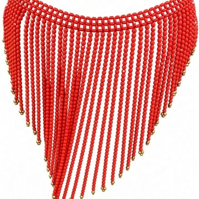 Sale Photo Thumbnail #100: Red Beaded Belly Dance Hip Scarf, Gold-Tone Accent
