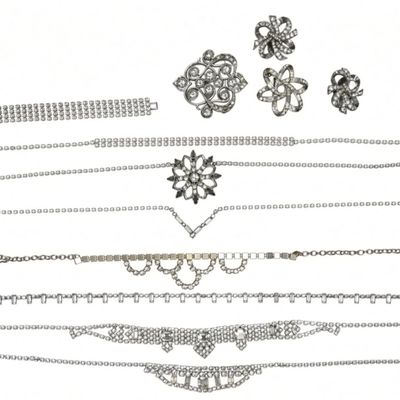Sale Photo Thumbnail #326: 12 Vintage Rhinestone Silver-Tone Jewelry Lot