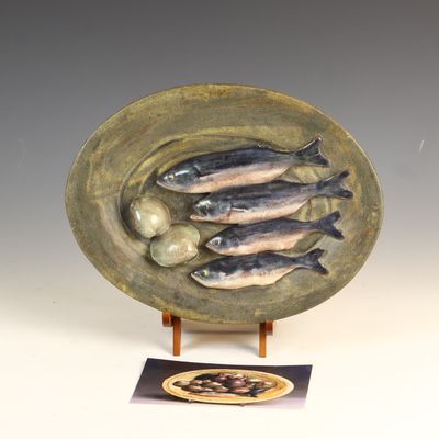 Sale Photo Thumbnail #124: Ben Anderson Hand Sculpted Red Earthenware Fish and Clam Relief Platter