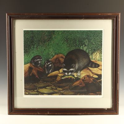Sale Photo Thumbnail #251: Richard Kriebel Signed and Numbered Wildlife Lithograph Raccoon Family