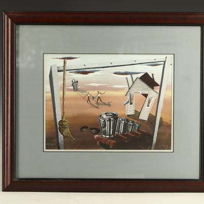 Sale Photo Thumbnail #231: Laynor Surrealist Mixed Media Painting Mess Hall 5