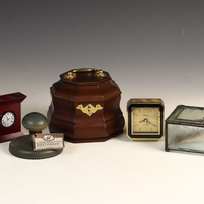 Sale Photo Thumbnail #148: An Assortment of Decorative Tabletop Items Including a Swiza Brass Desk Clock