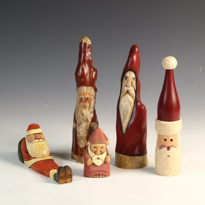 Sale Photo Thumbnail #9: Five Hand-Carved and Hand-Painted Folk Art Wood Santa Claus and Saint Nicholas Figurines