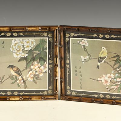 Sale Photo Thumbnail #229: A Pair of Vintage Chinese Framed Bird and Flower Prints on Silk