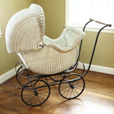Sale Photo Thumbnail #256: Vintage Wicker Baby Carriage with Metal Chassis and Adjustable Hood