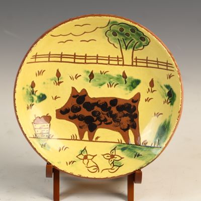 Sale Photo Thumbnail #132: Breininger Pottery Hand Painted Redware Spotted Pig Plate