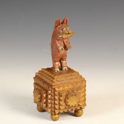 Sale Photo Thumbnail #126: Timothy W. Strawser Contemporary Tramp Art Carved Wood Pig Box 2004