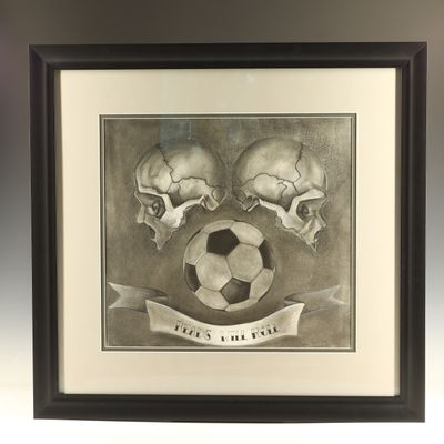 Sale Photo Thumbnail #250: Illustrative Graphite and Charcoal Drawing of Skulls and a Soccer Ball