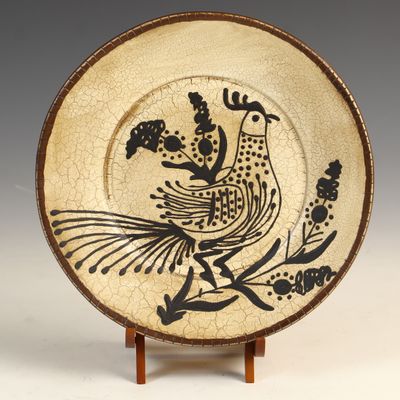 Sale Photo Thumbnail #129: Large Ragon House Primitive Style Terracotta Plate with Stylized Bird