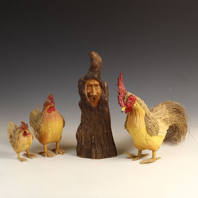 Sale Photo Thumbnail #21: Kollianne Roberts Wood Spirit and a Group of Folk Art Chickens