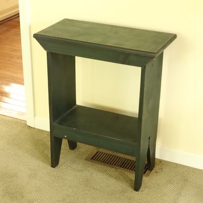 Sale Photo Thumbnail #81: Green Painted Primitive Wooden Pedestal Stand with Bootjack Feet