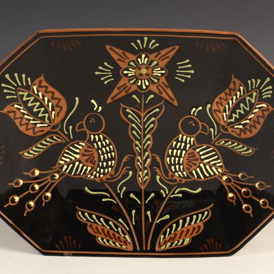 Sale Photo Thumbnail #130: Breininger Pottery Pennsylvania Redware Octagonal Bird and Flower Platter