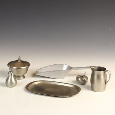 Sale Photo Thumbnail #23: A Collection of Six F.B. Rogers and Kirk Pewter Tableware Items and a Cast Metal Scoop