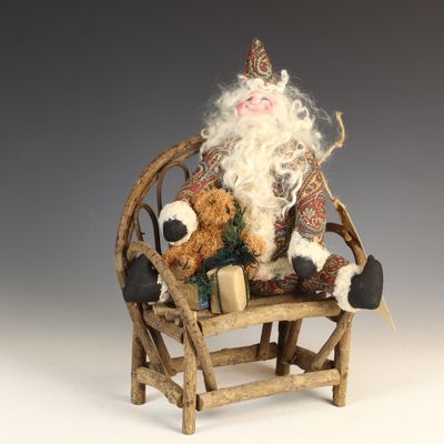 Sale Photo Thumbnail #125: Silvia Hendershott Handcrafted Folk Art Santa Claus Figure on Bent Twig Chair
