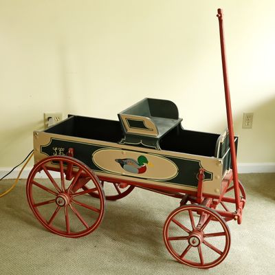 Sale Photo Thumbnail #86: Hand-Painted Artisan Wooden Buckboard Style Pull Wagon Dated 1986