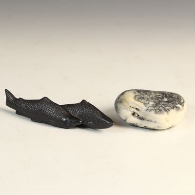 Sale Photo Thumbnail #116: Inuit Carved Stone Fish and a Natural Mottled Stone