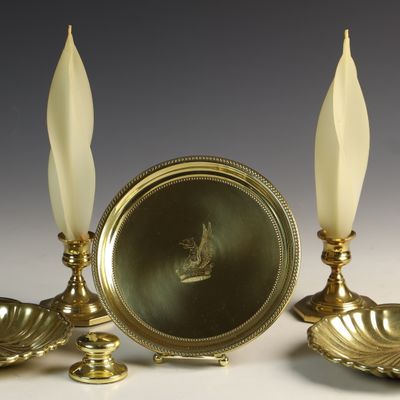 Sale Photo Thumbnail #6: A Six-Piece Collection of Baldwin Polished Brass Mount Vernon Themed Tableware