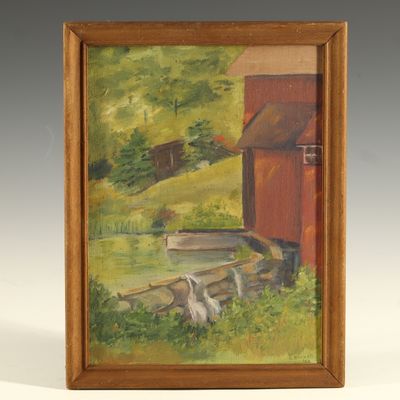 Sale Photo Thumbnail #215: E. Bennett, Red Mill Landscape, Oil on Canvas Panel, 1923
