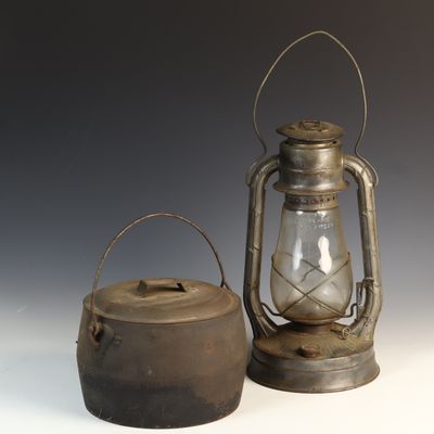 Sale Photo Thumbnail #18: Dietz No. 2 D-Lite Hurricane Lantern and Antique Lidded Utility Pot