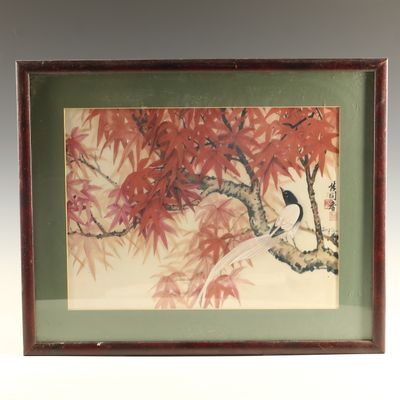 Sale Photo Thumbnail #241: Tong Shiang Bird and Maple Leaf Ink Signed Print