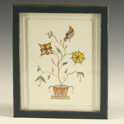 Sale Photo Thumbnail #217: Nancy Perrotti, Folk Art Style Watercolor and Ink Floral Drawing