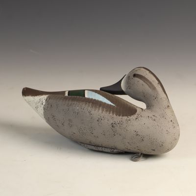 Sale Photo Thumbnail #68: Carved and Painted Wood Teal Drake Duck Decoy in Preening Pose